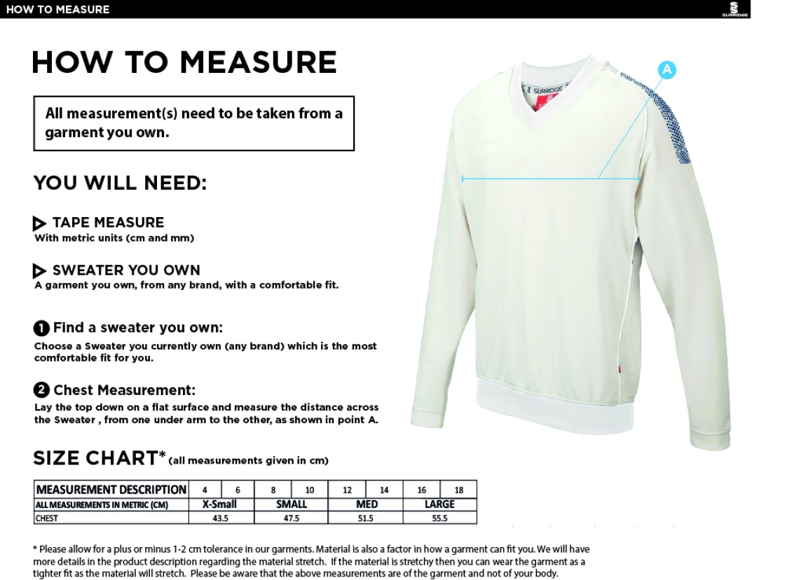 Blast Long Sleeve Cricket Sweater - Size Guide